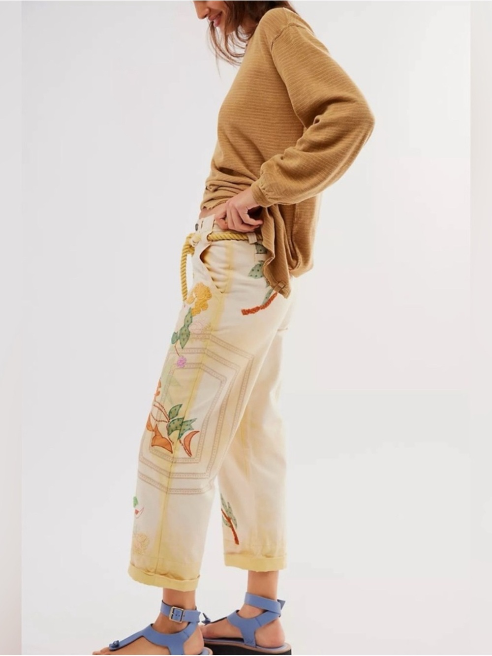 Free People Low-Rise Embroidered Wide-Leg Drawstring Pants Electric Sands 6 - Picture 5 of 14